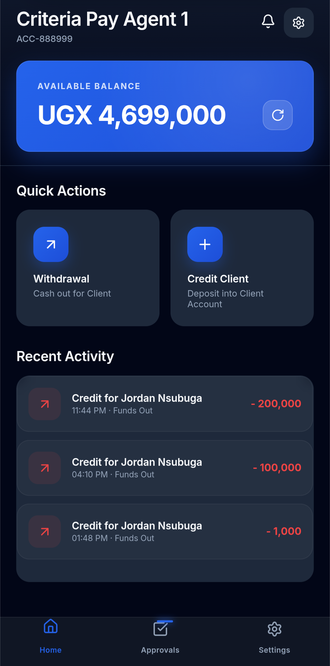 Agent App — UGX 5,000,000 balance